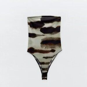 NWT ZARA STRAPLESS TIE-DYE PRINT BODYSUIT ECRU / BROWN
